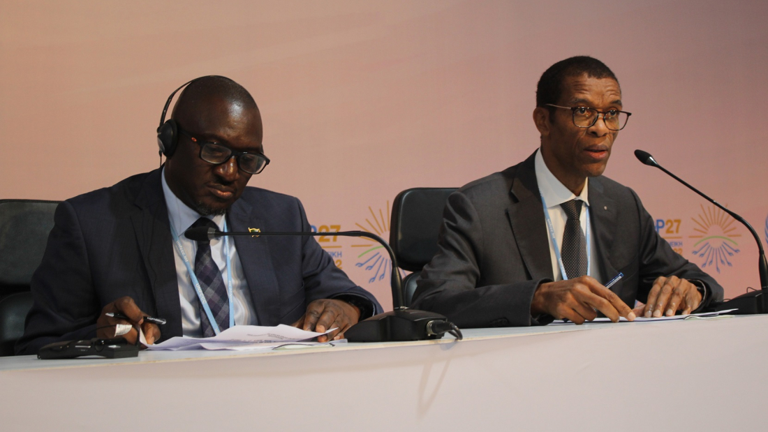 Alioune Ndoye, President of the African Ministerial Conference on the Environment (AMCEN) and Collins Nzovu, Chair of the African Group of Negotiators during a media briefing on the status of the negotiations at COP