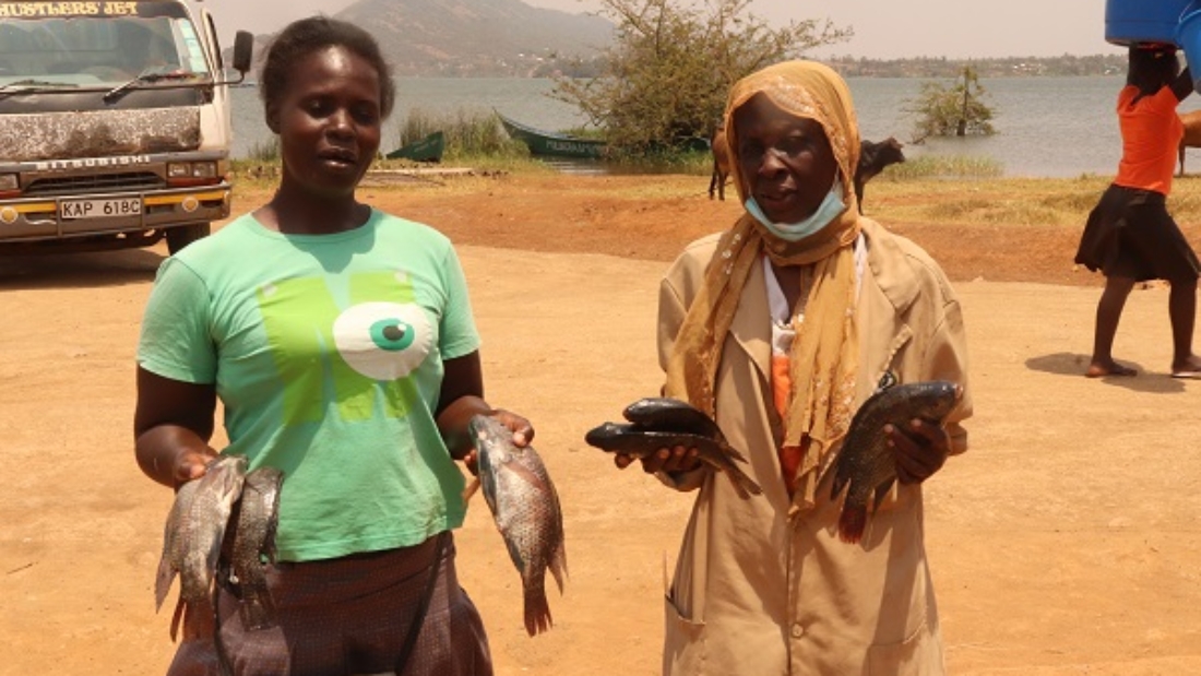 Women displays some of the fish harvested in Cages at Mulukoba Beach in Busia County.