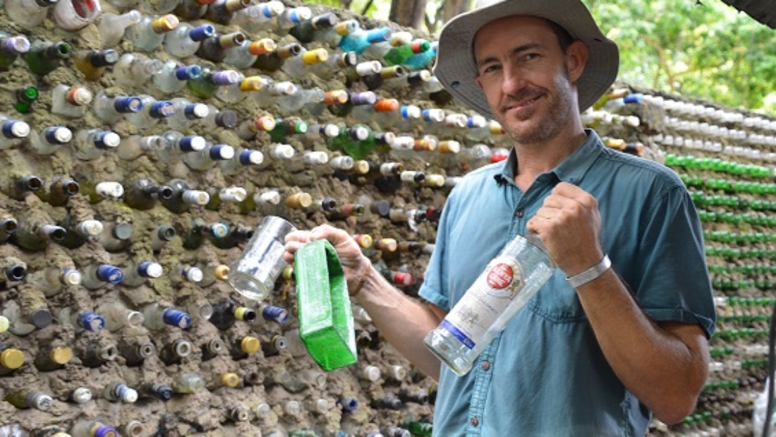Attye Pye, a sustainability expert shows some of the plastic and glass waste products he collects from the Indian Ocean in the South Coast to reduce ocean pollution.|Photo _Francis Mureithi